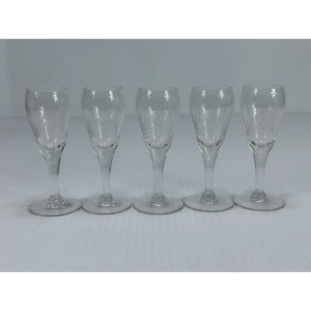 5 VINTAGE SHERRY CORDIAL ETCHED GLASSES‎ WHEAT STRAW GRASS